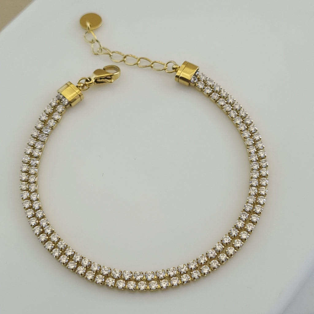 Icy gold bracelet, double strand crystal jewelry, luxury gold accessories, hypoallergenic tennis bracelet, gift for her, waterproof gold jewelry.
