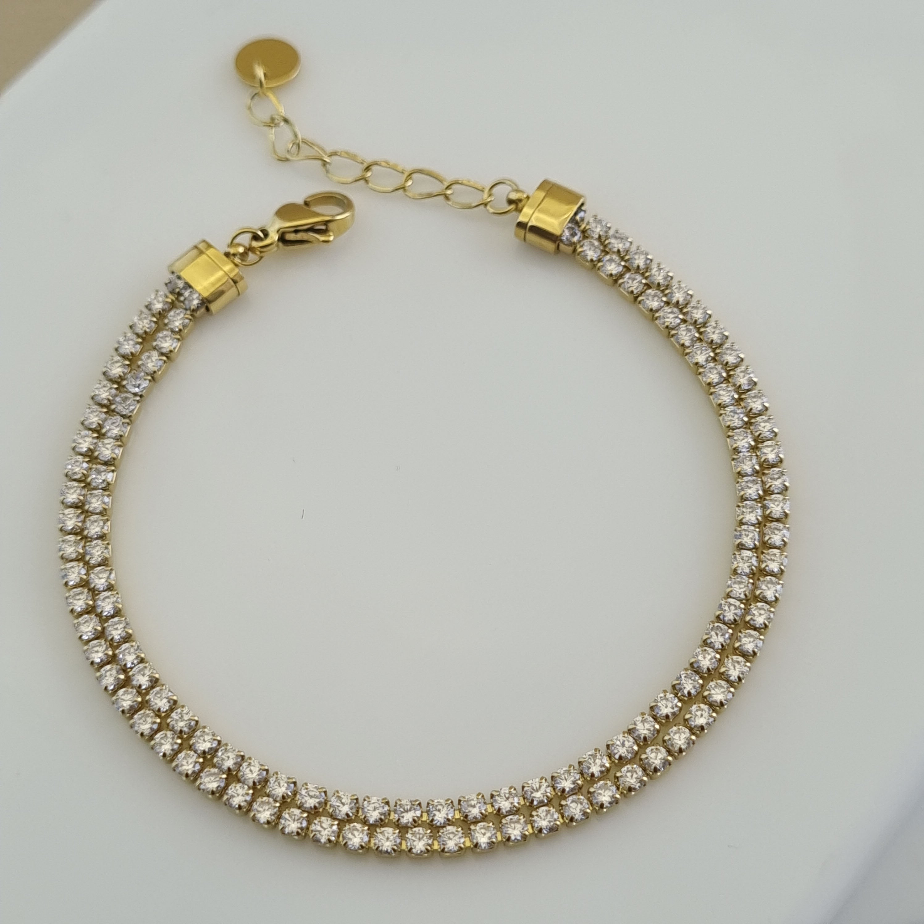 Icy gold bracelet, double strand crystal jewelry, luxury gold accessories, hypoallergenic tennis bracelet, gift for her, waterproof gold jewelry.
