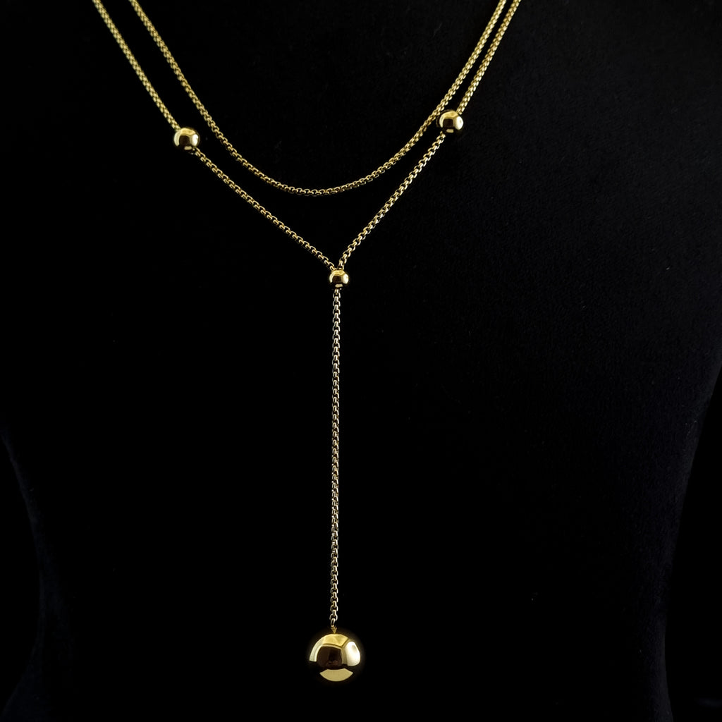 Layered gold Y-necklace, waterproof gold lariat, 18K gold plated drop necklace, anti-tarnish layered jewelry, gold bead lariat chain.