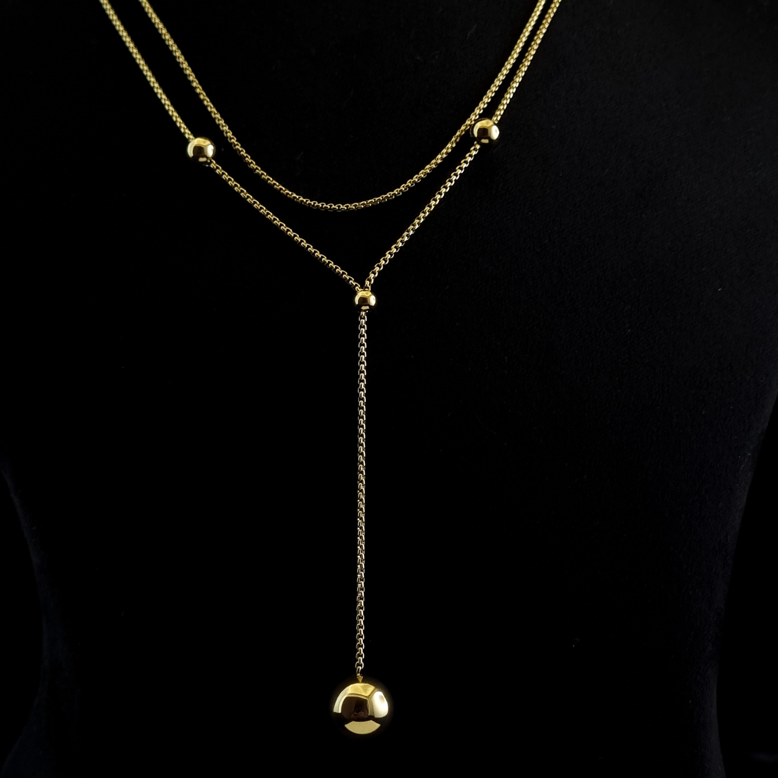 Layered gold Y-necklace, waterproof gold lariat, 18K gold plated drop necklace, anti-tarnish layered jewelry, gold bead lariat chain.
