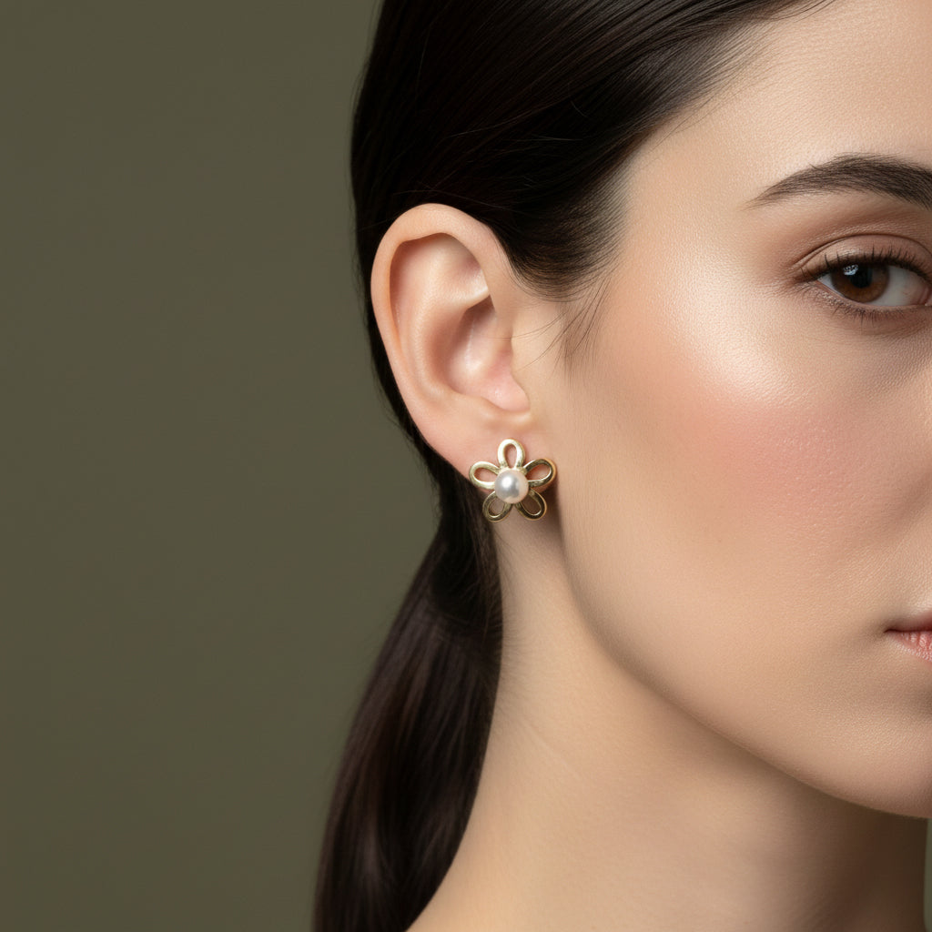 A woman with a sleek ponytail wearing medium-sized, 18K gold-plated five-petal flower stud earrings with a central white pearl.