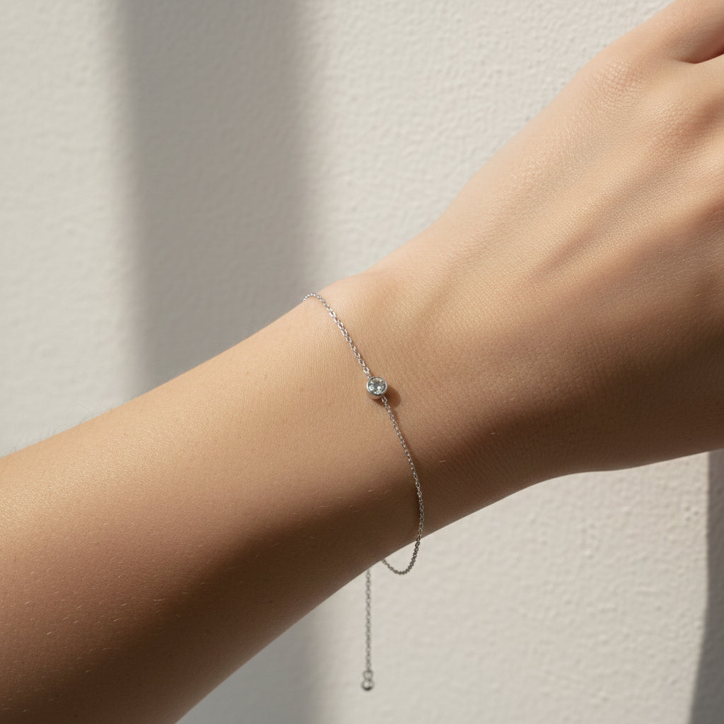 Waterproof silver solitaire bracelet, anti-tarnish minimalist jewelry, silver bezel crystal bracelet, Treshire silver collection.