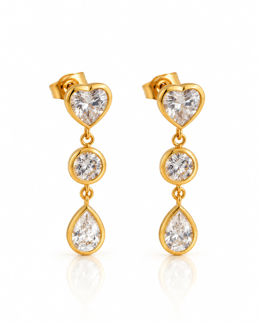Triple Bezel CZ Heart Drop Earrings