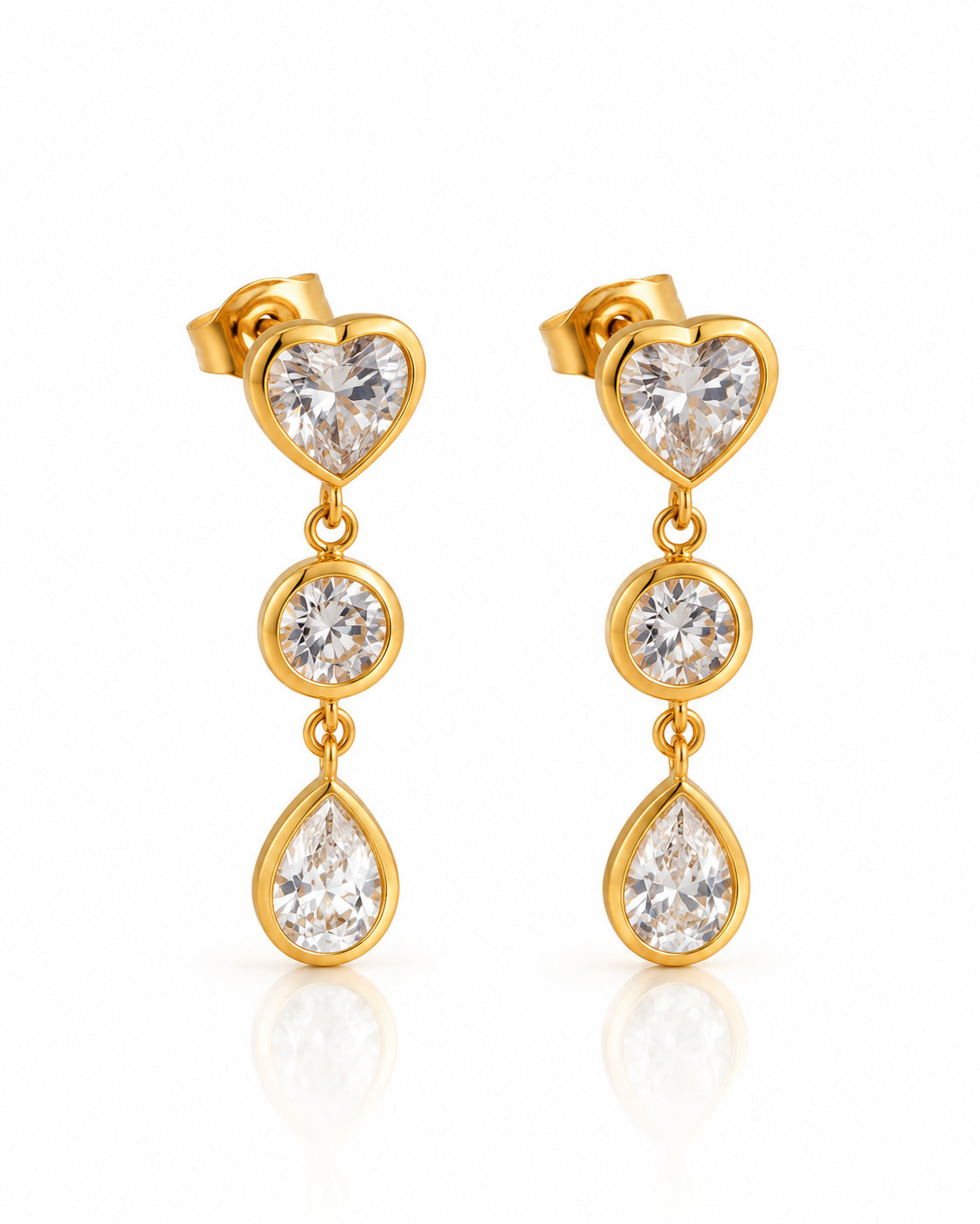 Triple Bezel CZ Heart Drop Earrings