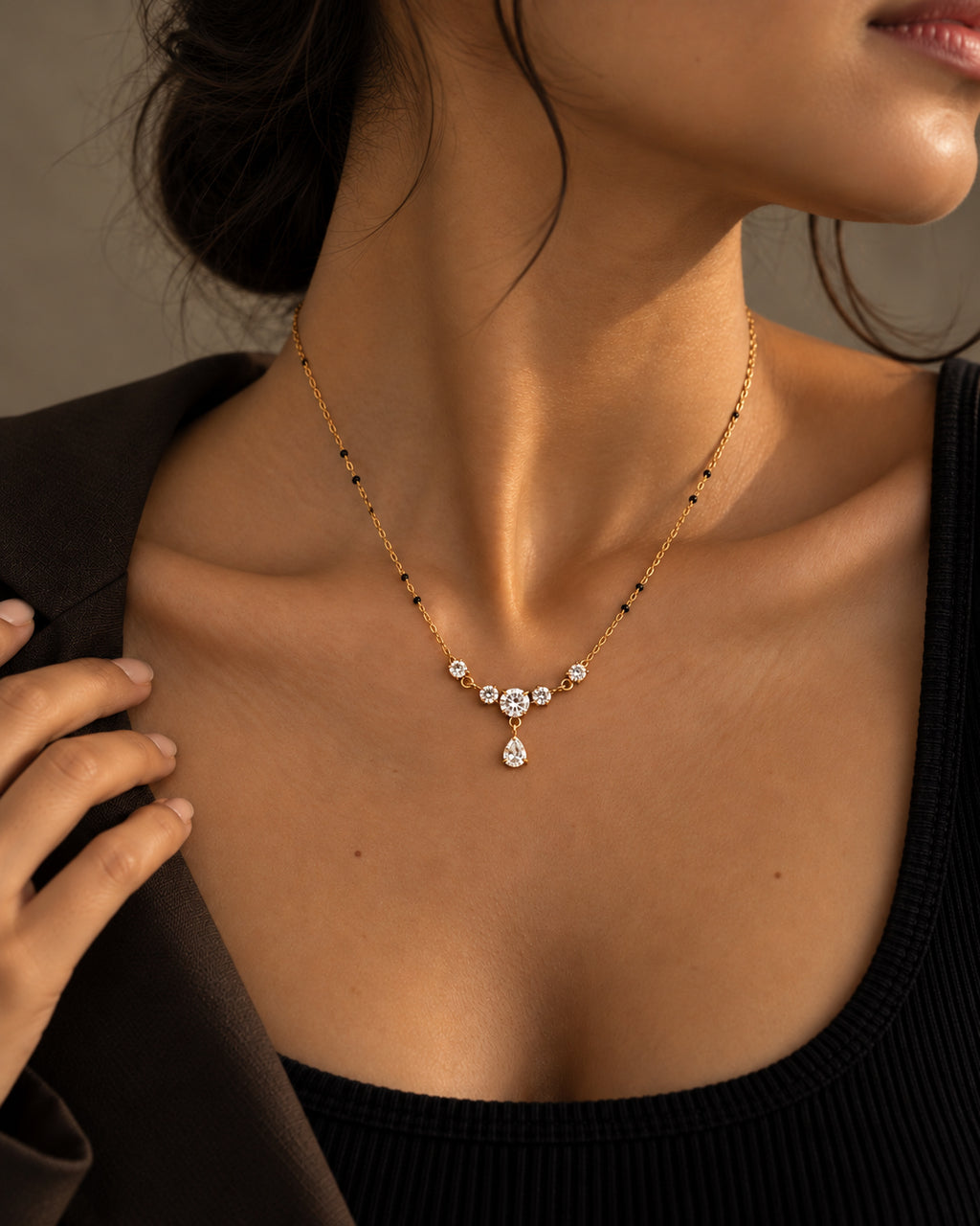 CZ Pear Drop Black Bead Mangalsutra
