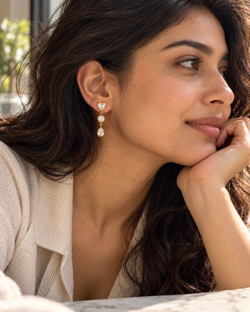 Triple Bezel CZ Heart Drop Earrings
