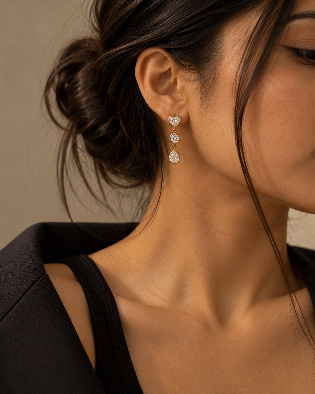 Triple Bezel CZ Heart Drop Earrings