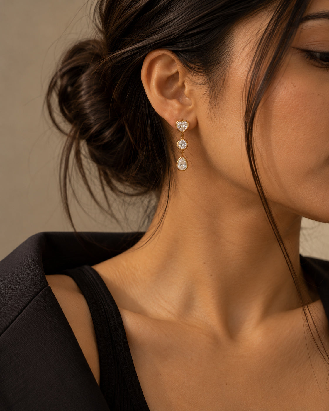 Triple Bezel CZ Heart Drop Earrings