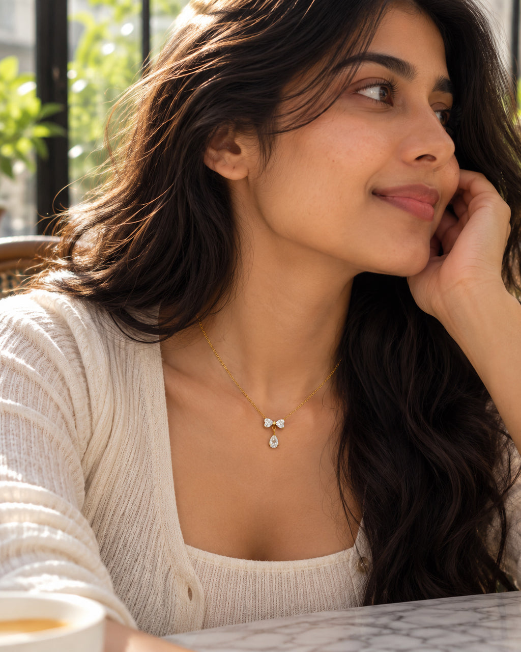 CZ Bow and Pear Drop Pendant Necklace