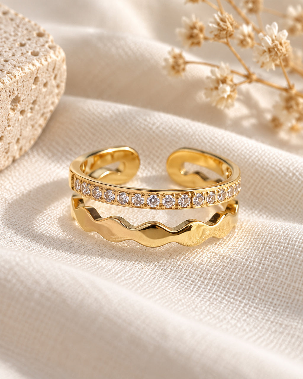 Double Band Wave & Pavé Open Ring