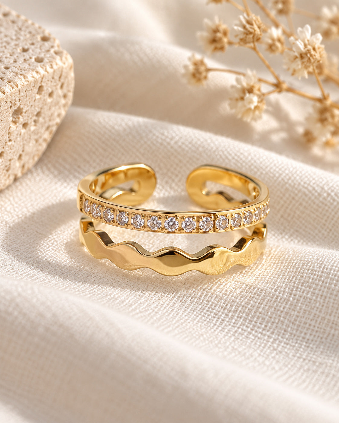 Double Band Wave & Pavé Open Ring
