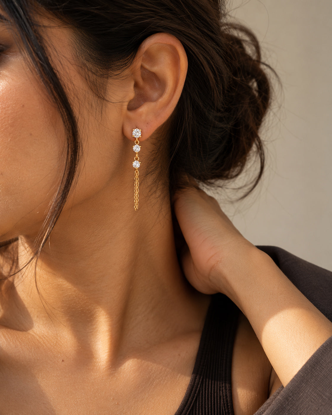 CZ Trio Chain Drop Stud Earrings