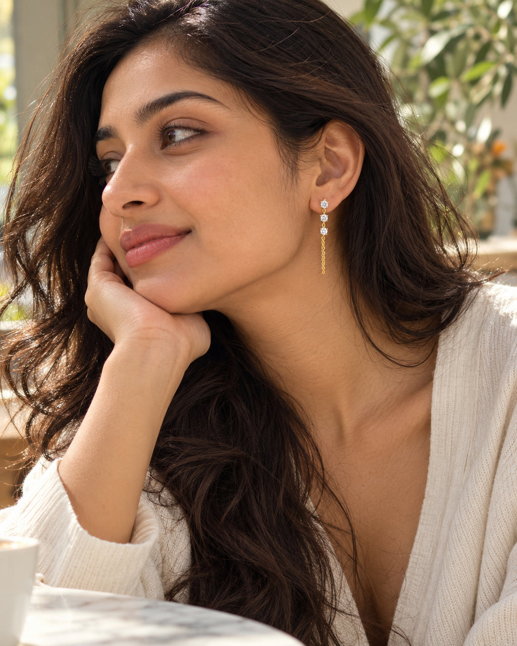 CZ Trio Chain Drop Stud Earrings