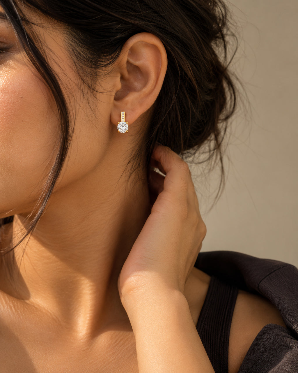 Pave Bar Round CZ Drop Stud Earrings
