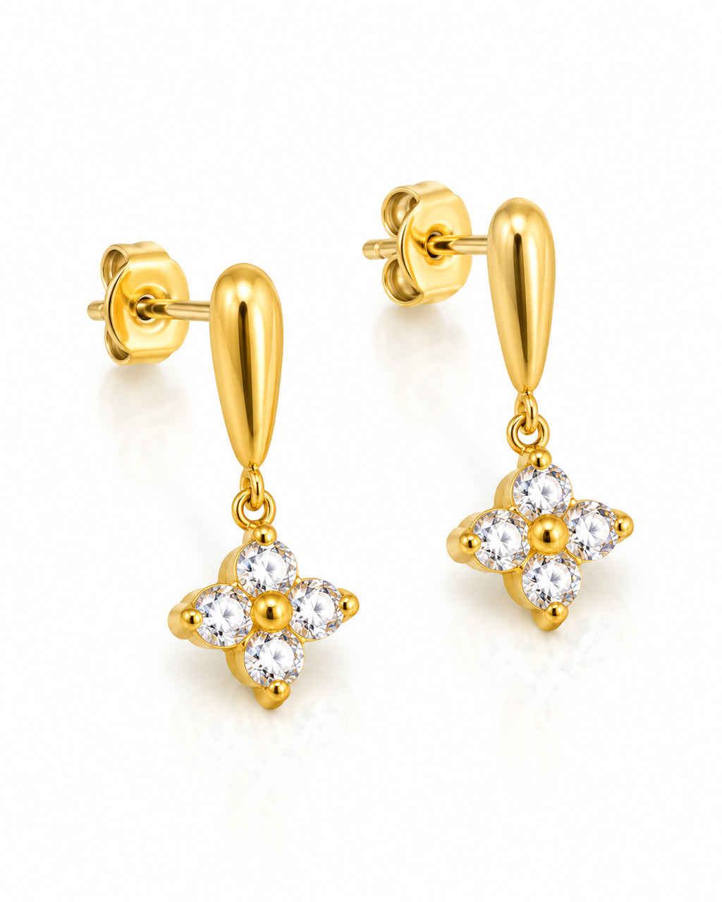 CZ Four-Petal Flower Drop Stud Earrings