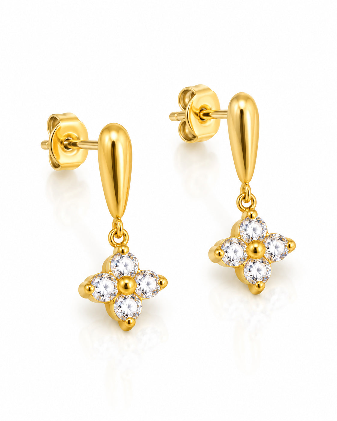CZ Four-Petal Flower Drop Stud Earrings
