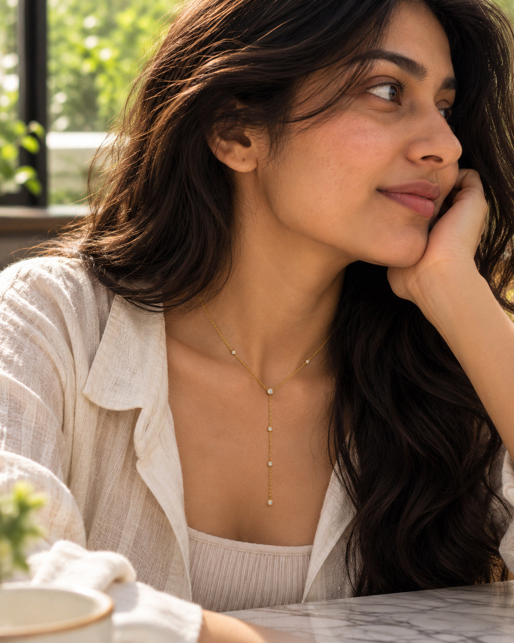 CZ Bezel Station Lariat Y-Necklace