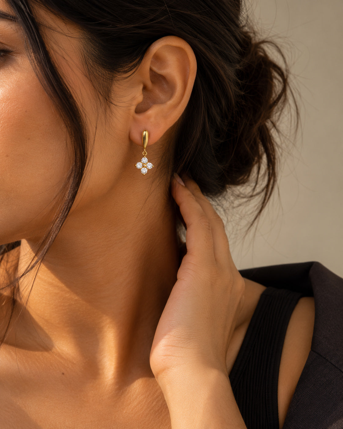 CZ Four-Petal Flower Drop Stud Earrings