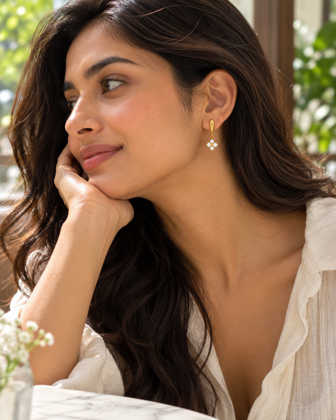 CZ Four-Petal Flower Drop Stud Earrings