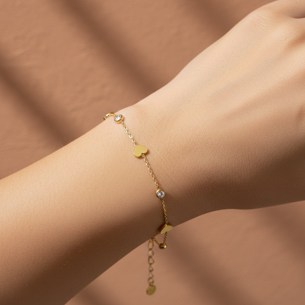 Heart charm gold bracelet, 18K gold plated waterproof jewelry, anti-tarnish heart and crystal bracelet, Treshire Heritage collection.