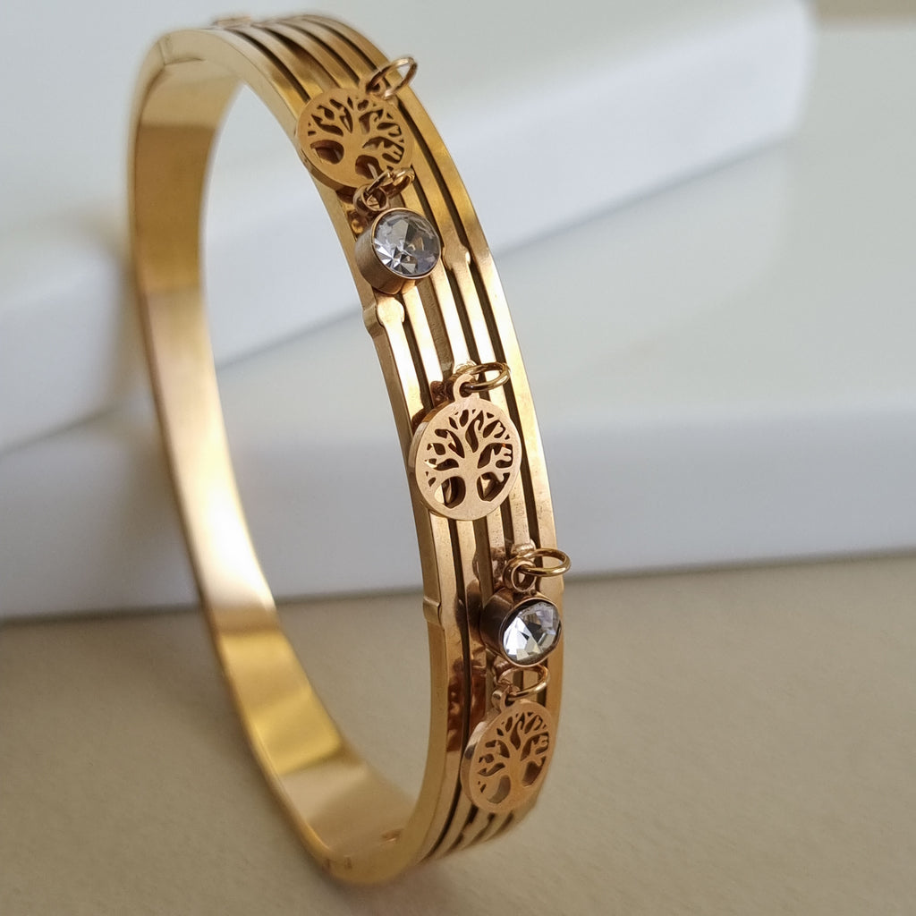 Multi-Layer Tree of Life Crystal Bangle – Anti-Tarnish, 18K Rose Gold Plated & Waterproof