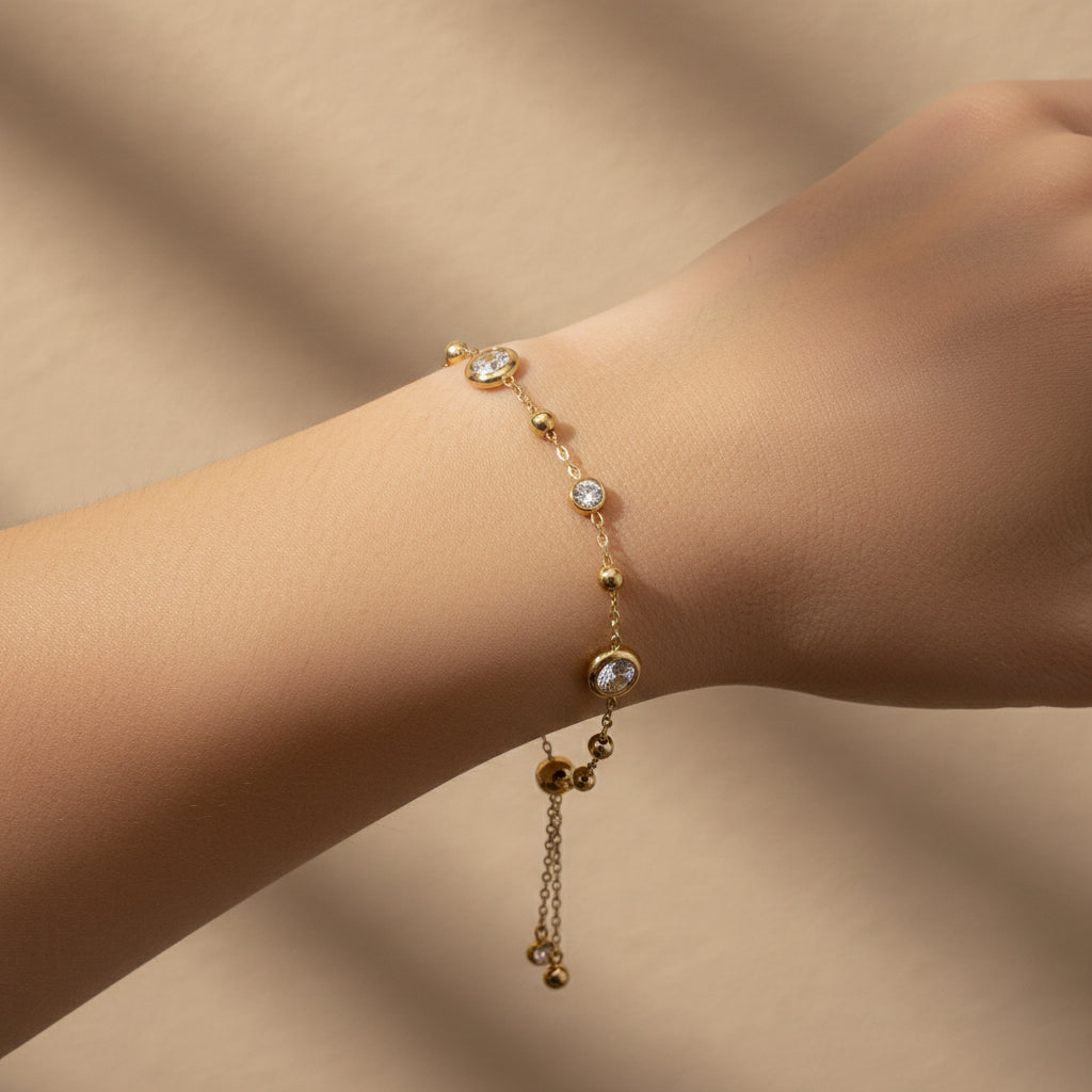 Geometric gold bracelet, 18K gold plated crystal jewelry, waterproof adjustable bracelet, anti-tarnish bezel jewelry, Treshire Celestial collection.