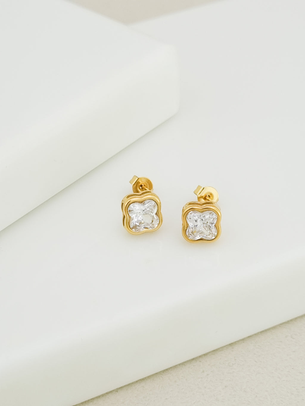 Clover CZ Bezel Stud Earrings