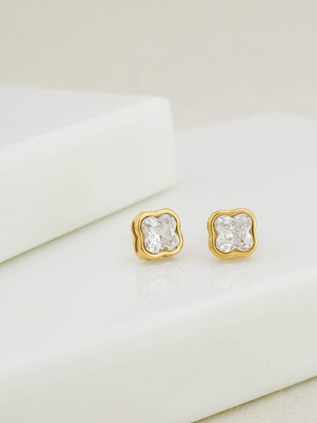 Clover CZ Bezel Stud Earrings