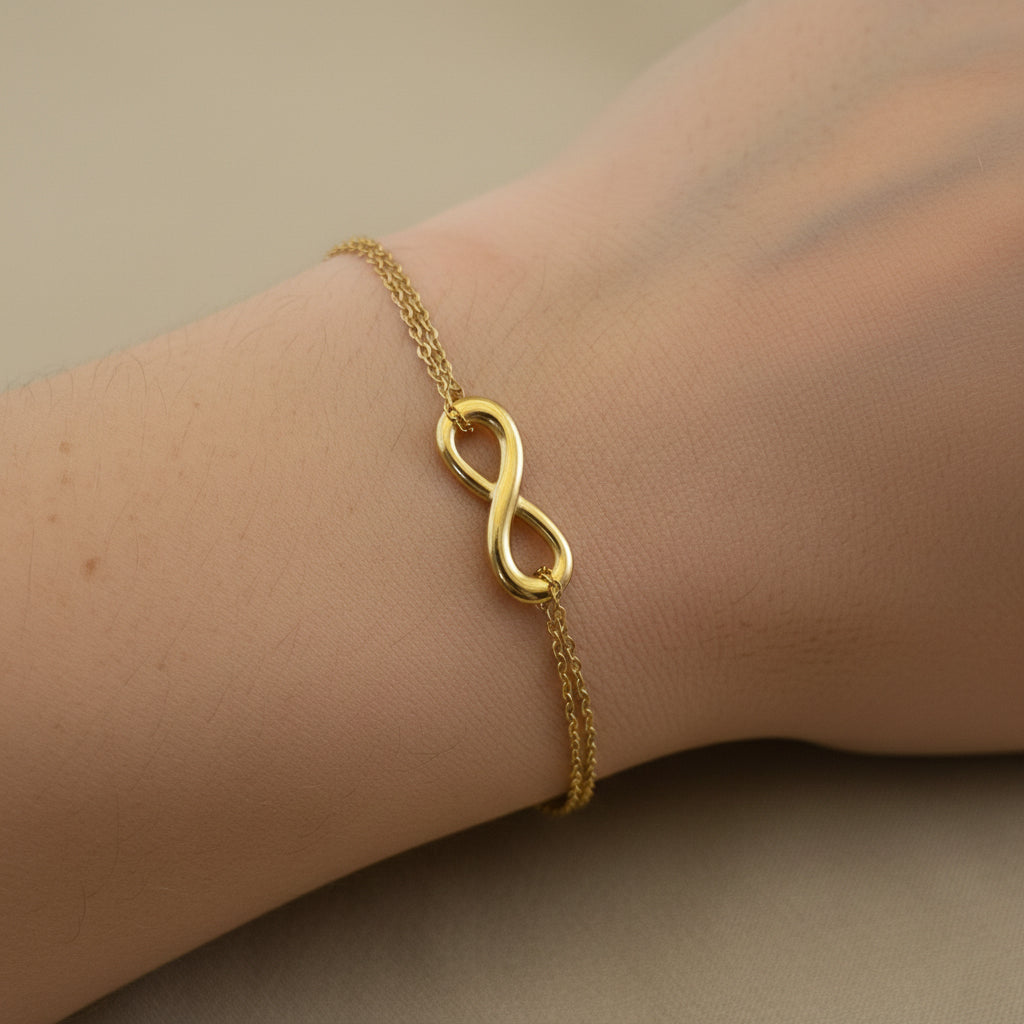 Infinity bracelet gold, 18K gold plated waterproof jewelry, anti-tarnish double chain bracelet, Treshire symbolic jewelry.