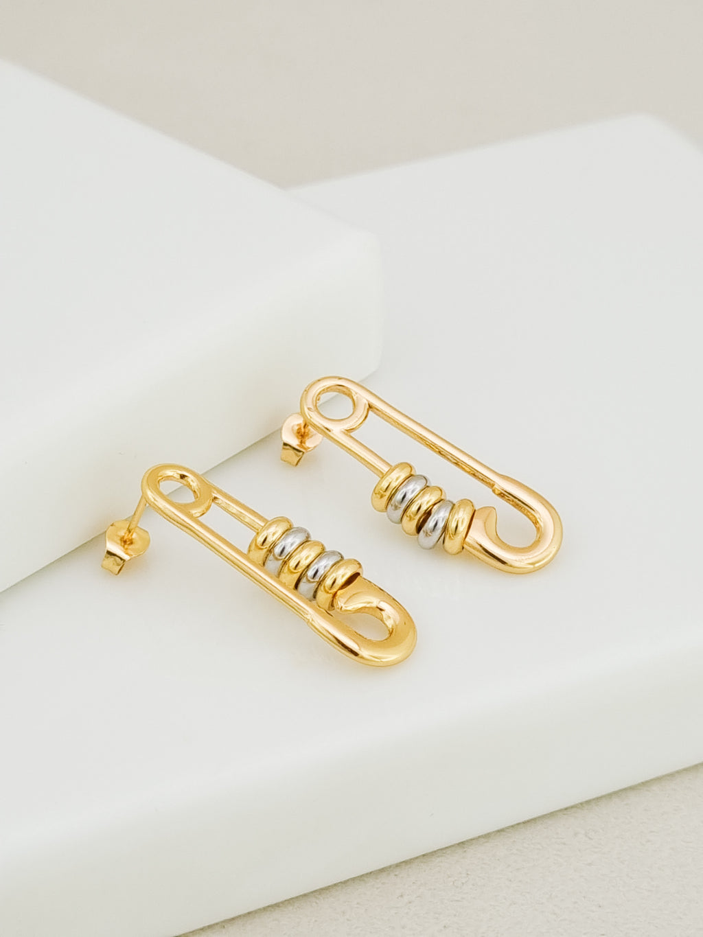 Safety Pin Two-Tone Drop Earrings