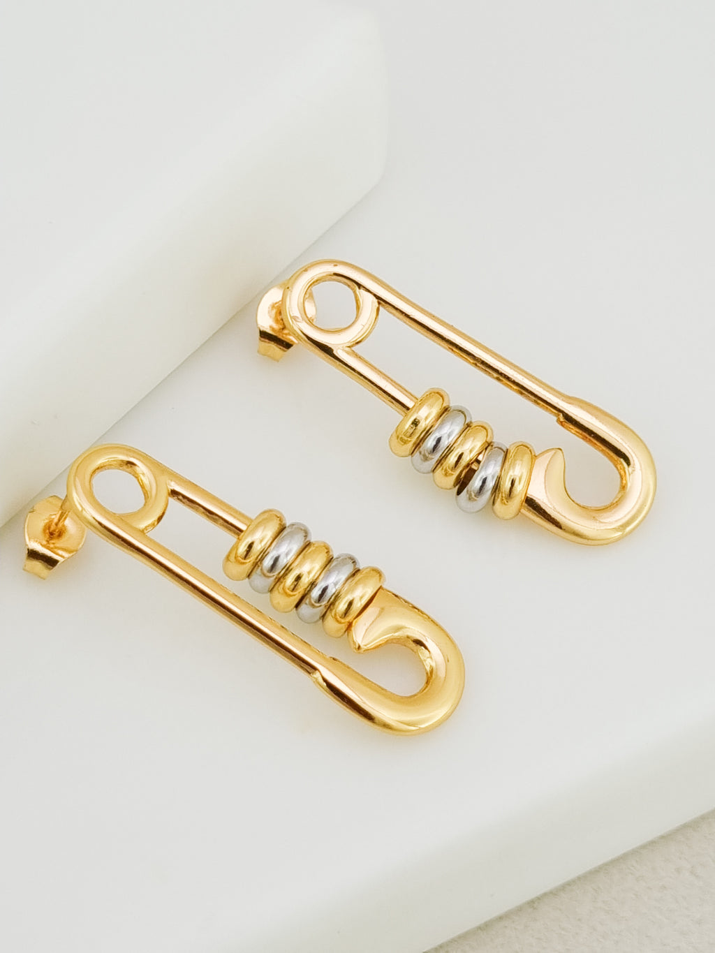 Safety Pin Two-Tone Drop Earrings