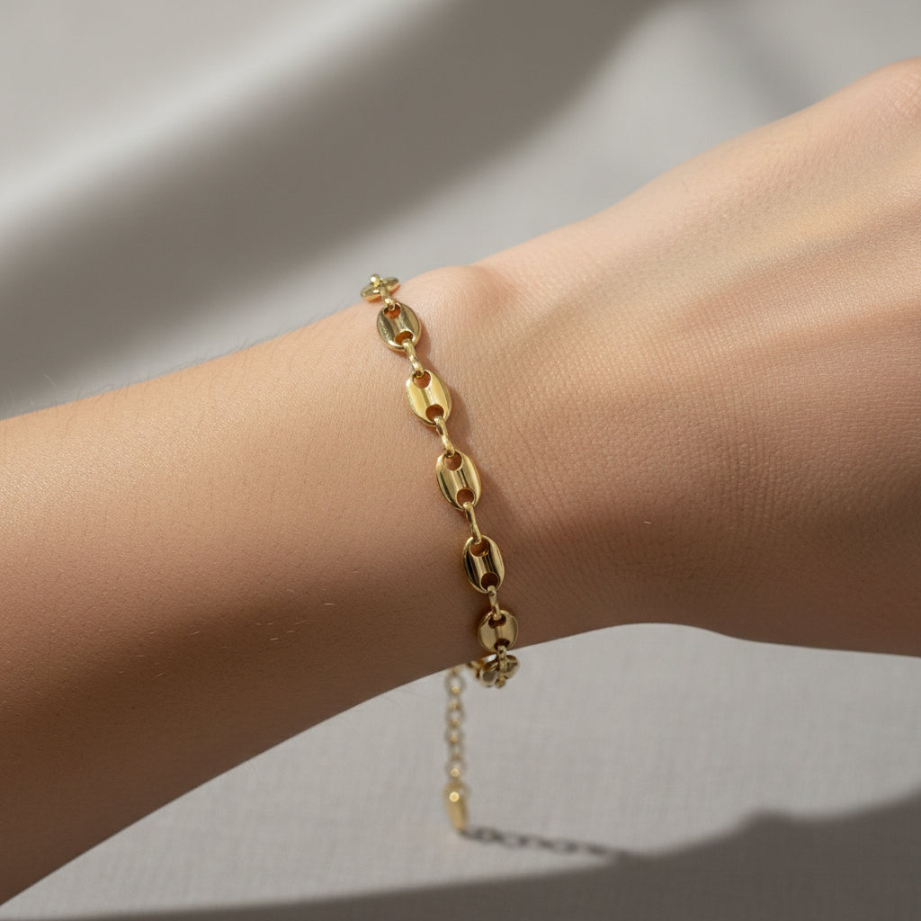 Marina link gold bracelet, 18K gold plated anchor chain, waterproof gold jewelry, anti-tarnish coffee bean bracelet, Treshire nautical collection.