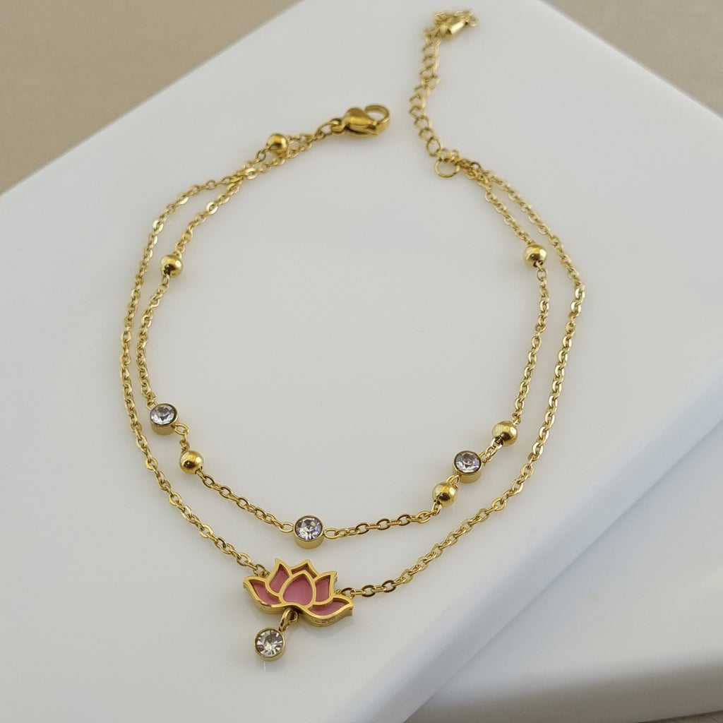 Lotus anklet, layered gold anklet, pink flower jewelry, 18K gold plated foot jewelry, boho anklet.