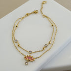 Lotus anklet, layered gold anklet, pink flower jewelry, 18K gold plated foot jewelry, boho anklet.