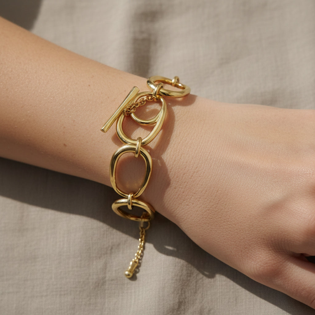 Bold gold toggle bracelet, 18K gold plated structural jewelry, waterproof oversized link bracelet, anti-tarnish sculptural jewelry, Treshire bold collection.