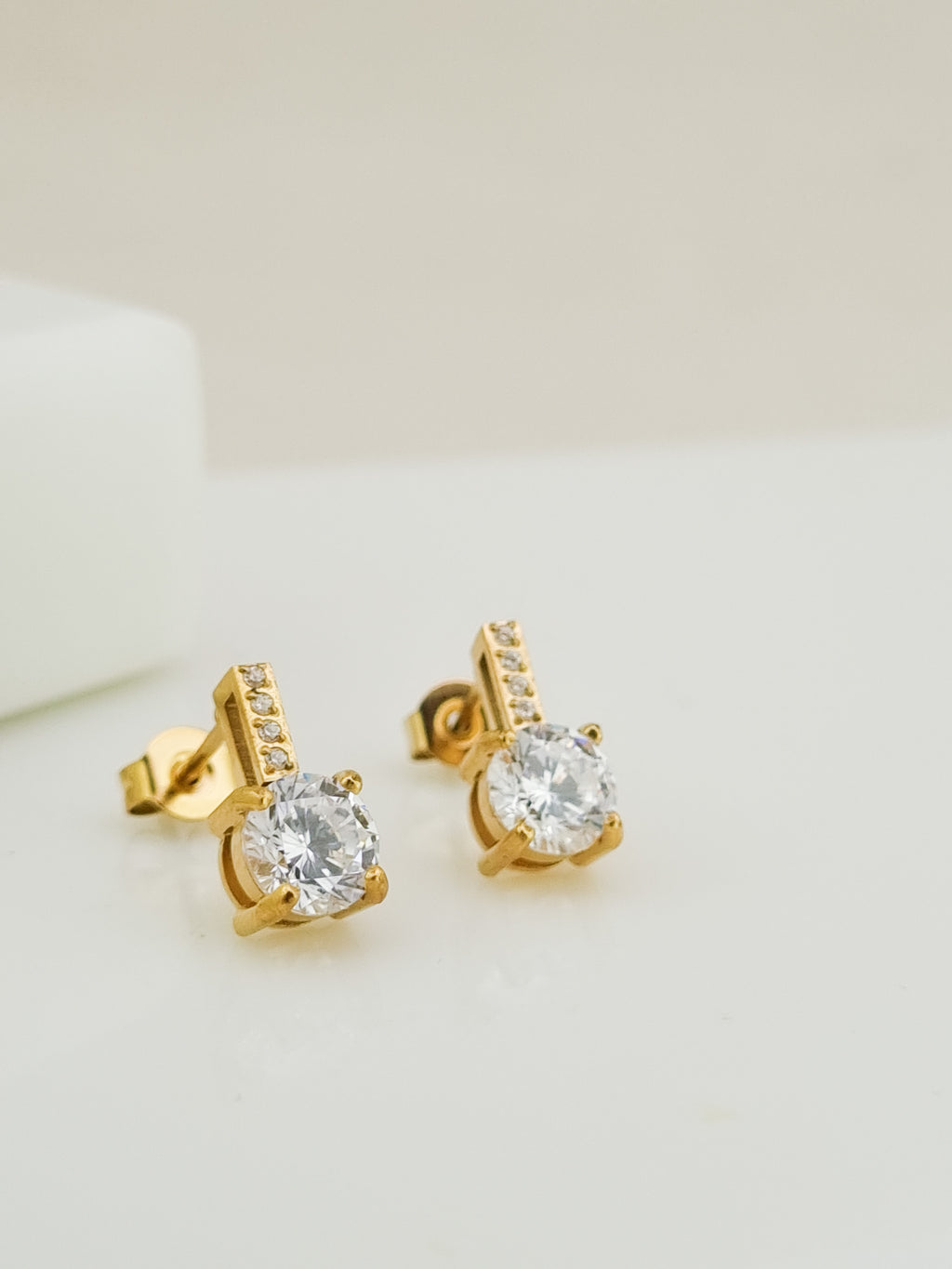 Pave Bar Round CZ Drop Stud Earrings