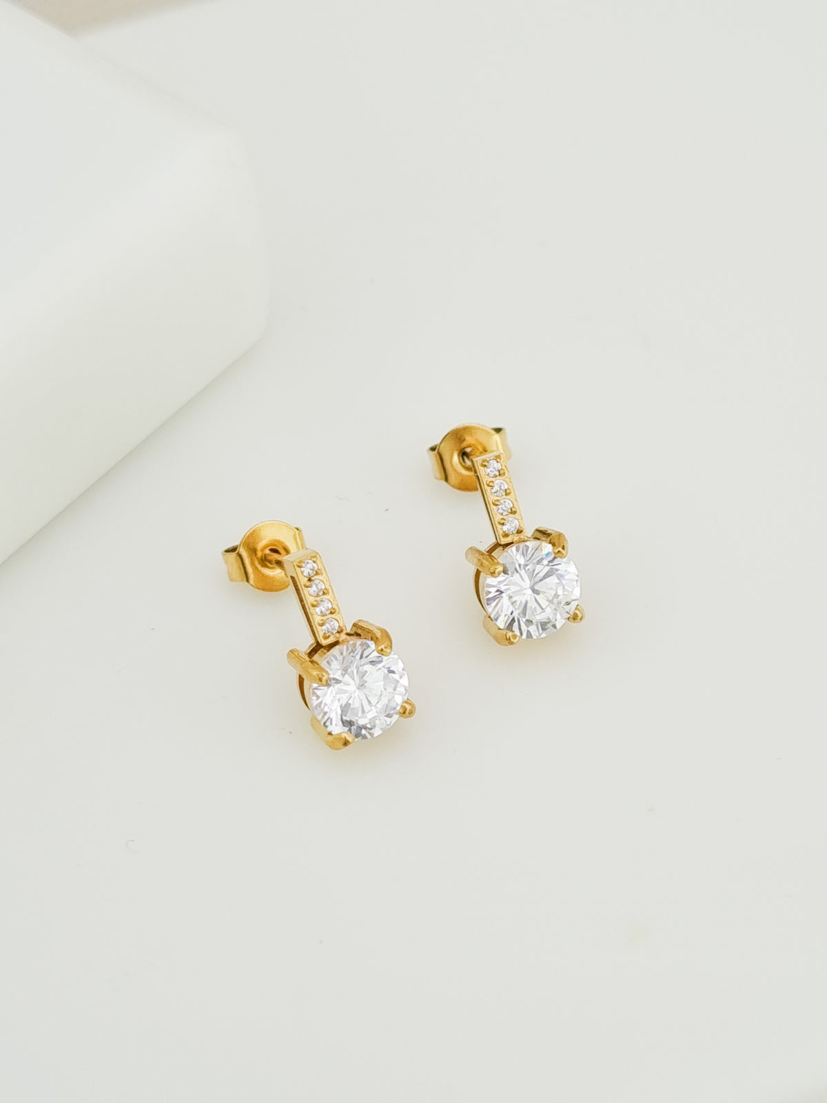 Pave Bar Round CZ Drop Stud Earrings