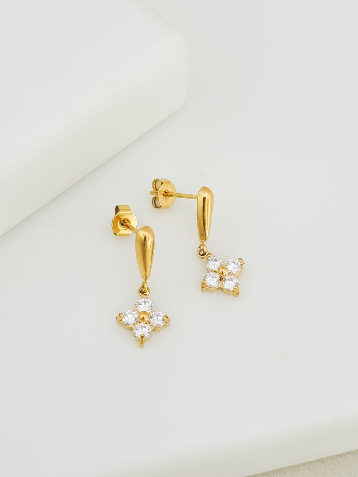 CZ Four-Petal Flower Drop Stud Earrings