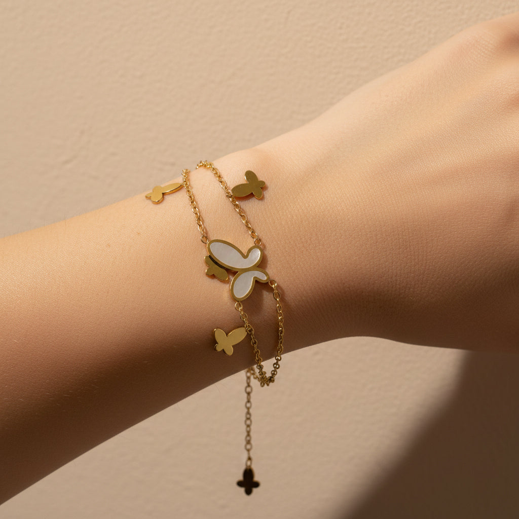 Butterfly charm bracelet, 18K gold plated double chain jewelry, waterproof mother of pearl bracelet, anti-tarnish whimsical jewelry, Treshire Mariposa collection.
