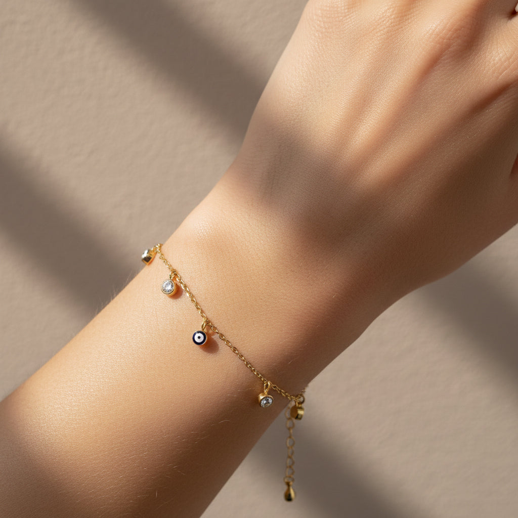Gold evil eye bracelet, 18K gold plated waterproof jewelry, anti-tarnish nazar bracelet, Treshire symbolic jewelry.