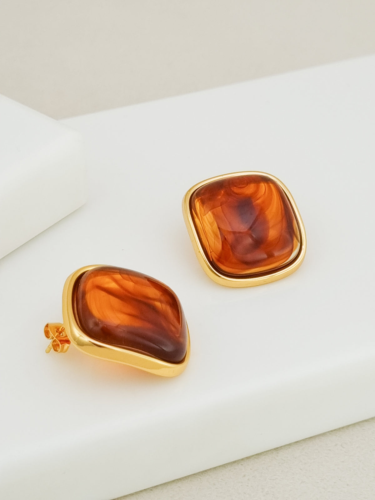 Cognac Resin Cushion Statement Stud Earrings