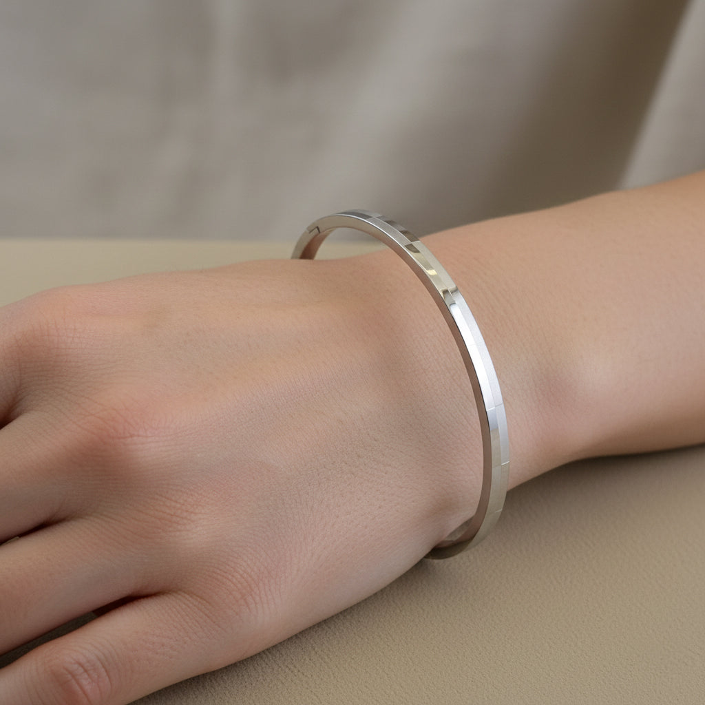 Waterproof silver bangle, anti-tarnish geometric cuff, silver-plated prism bracelet, Treshire modern jewelry.