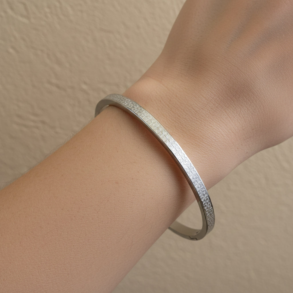 Waterproof silver bangle, anti-tarnish etched cuff, silver-plated geometric bracelet, Treshire Atlas collection.
