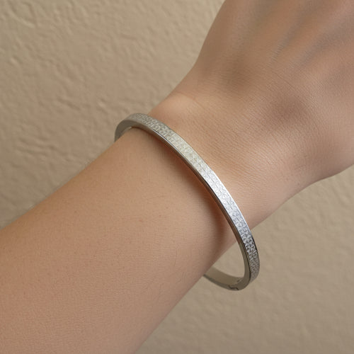 Waterproof silver bangle, anti-tarnish etched cuff, silver-plated geometric bracelet, Treshire Atlas collection.