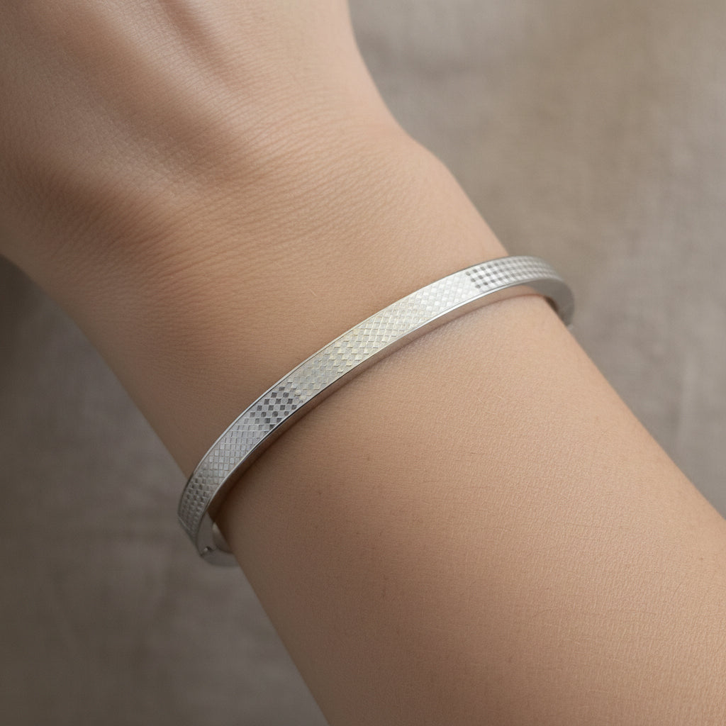 Waterproof silver bangle, anti-tarnish textured cuff, silver-plated geometric bracelet, Treshire Zenith collection.