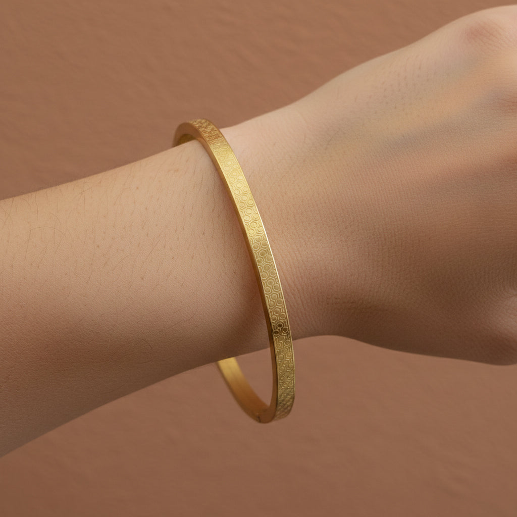 Waterproof gold bangle, anti-tarnish honeycomb cuff, 18K gold plated geometric bracelet, Treshire Honeycomb collection.