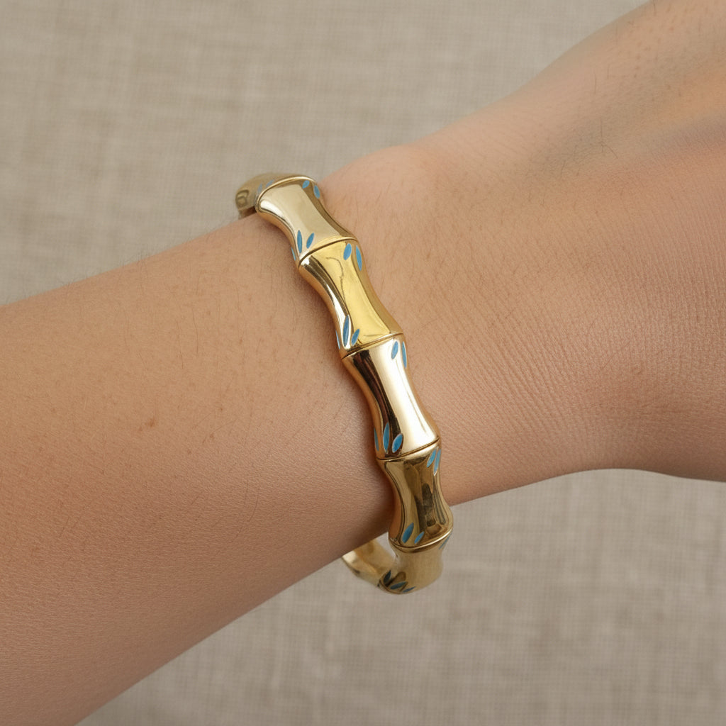 Waterproof bamboo bangle, gold bamboo jewelry with blue enamel, 18K gold plated structural cuff, anti-tarnish tropical jewelry, Treshire Bamboo Breeze collection.