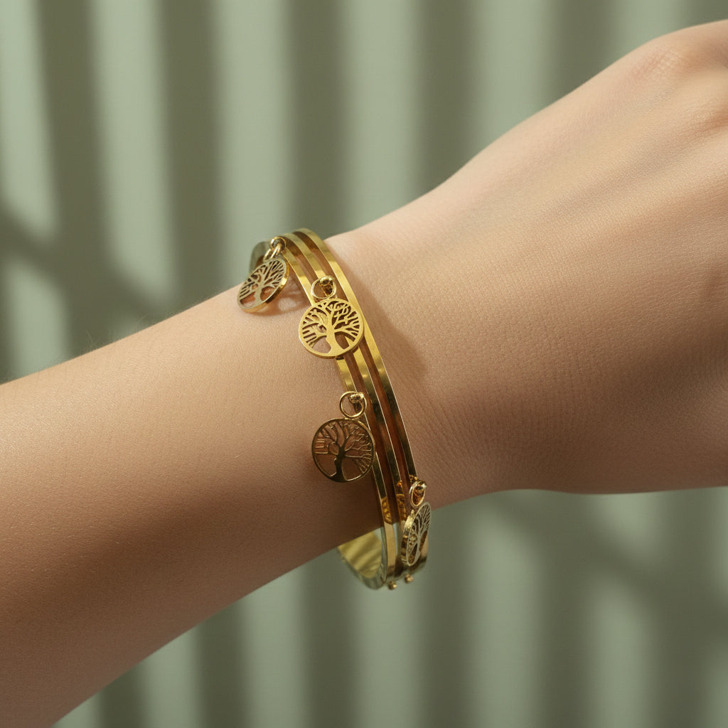 Tree of Life bangle, charm cuff bracelet, 18K gold plated jewelry, waterproof gold charms, tarnish-free symbolic jewelry.