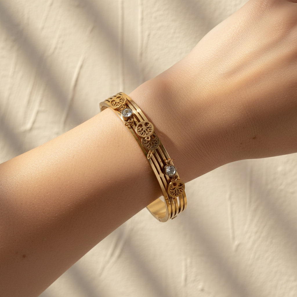 Rose gold Tree of Life bangle, multi-row rose gold cuff, waterproof rose gold jewelry, anti-tarnish rose gold bracelet, crystal charm bangle.