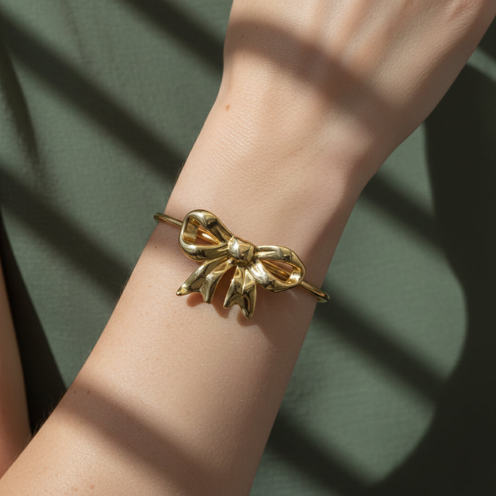 Gold bow bangle, waterproof bow jewelry, 18K gold plated cuff, anti-tarnish ribbon bracelet, coquette aesthetic jewelry.